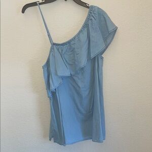 Women's Blue Asymmetrical  Ruffle Top